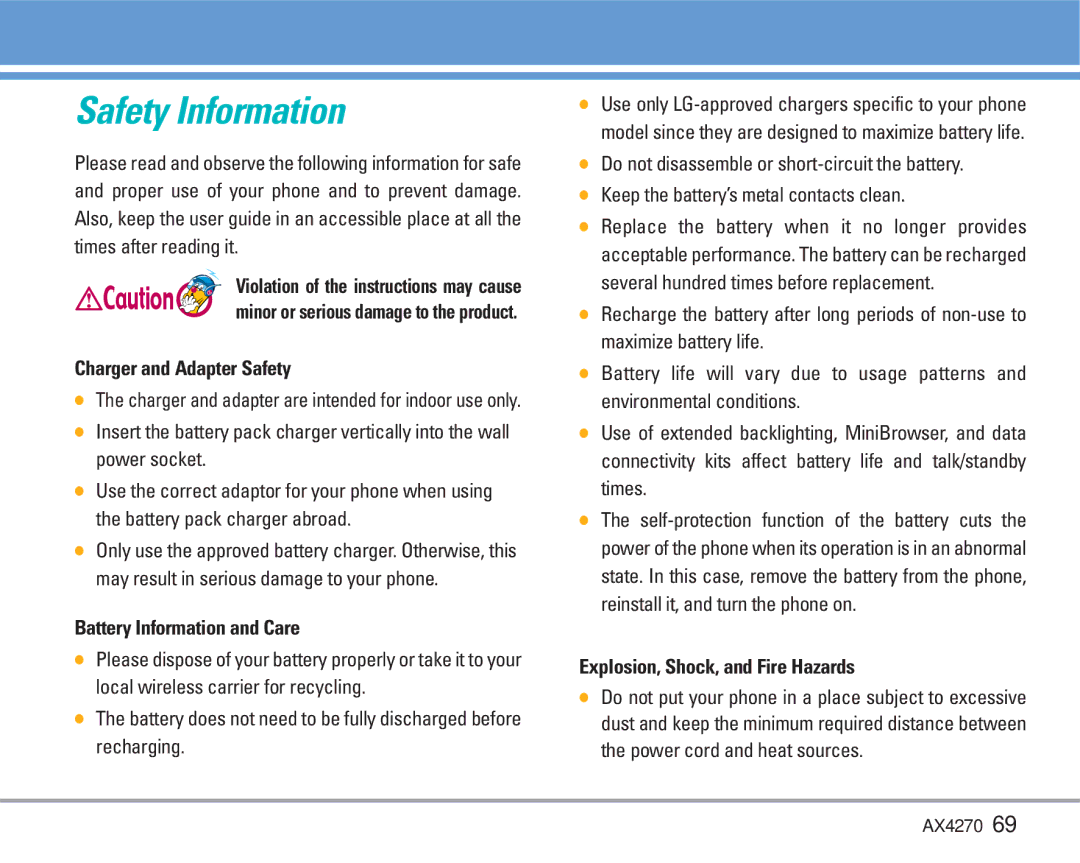 LG Electronics AX4270 manual Safety Information, Charger and Adapter Safety, Battery Information and Care 