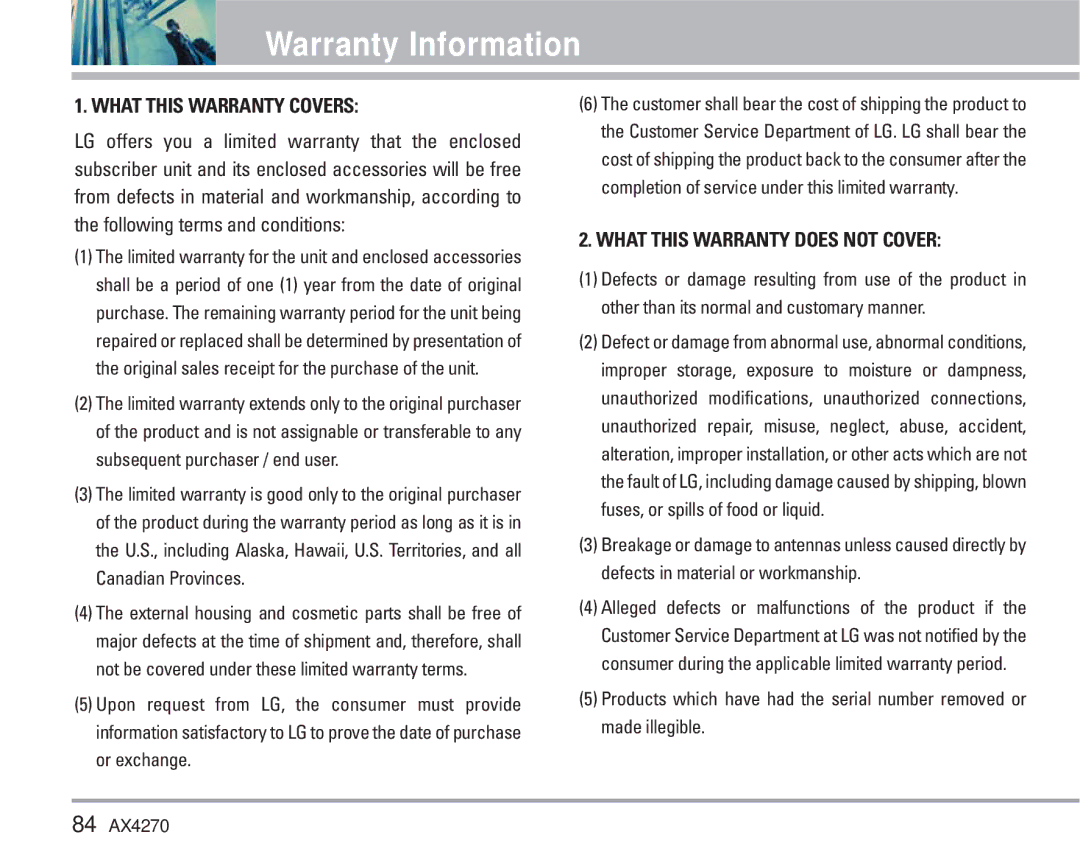 LG Electronics AX4270 manual Warranty Information, What this Warranty Covers 