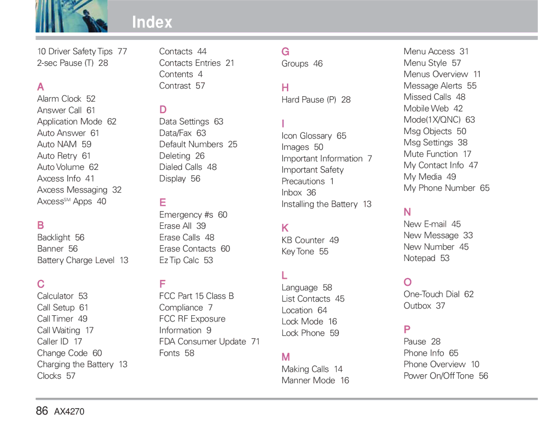 LG Electronics AX4270 manual Index 