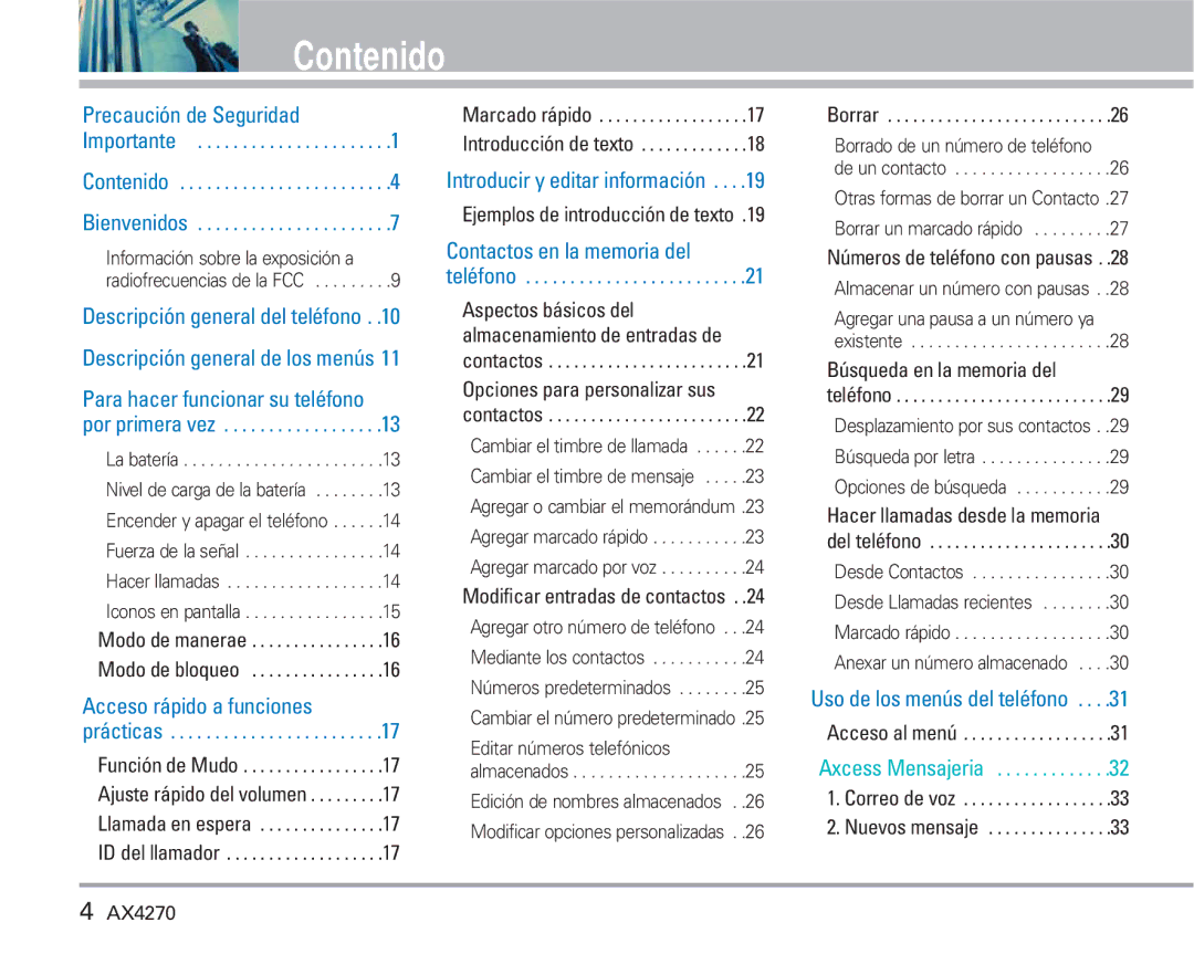 LG Electronics AX4270 manual Contenido 