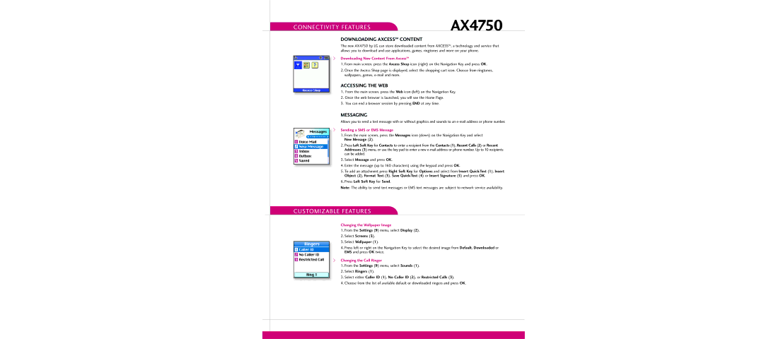 LG Electronics AX4750 Connectivity Features, Customizable Features, Downloading Axcesssm Content, Accessing the WEB 