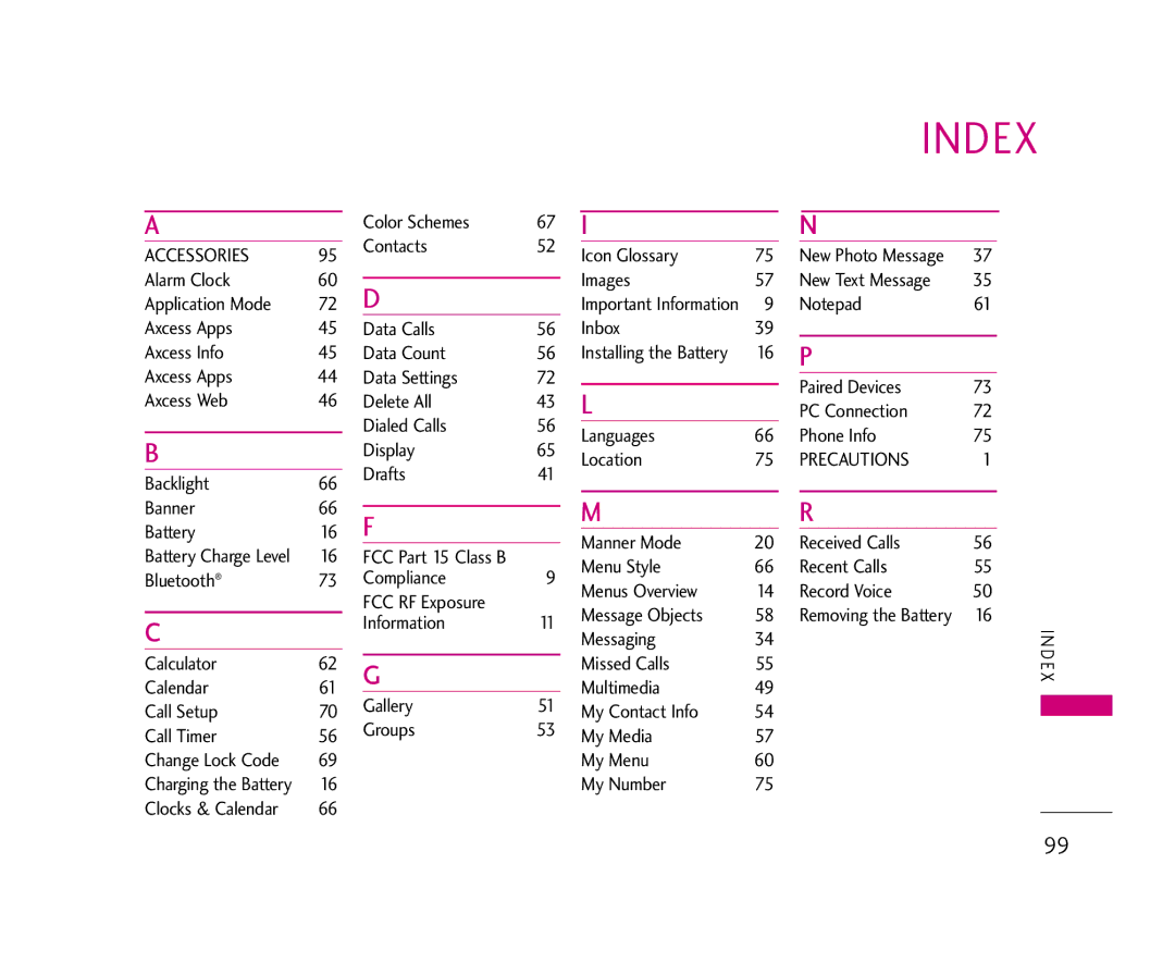 LG Electronics AX490 manual Index, Color Schemes Contacts, Alarm Clock Images 