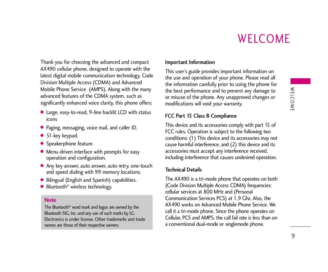 LG Electronics AX490 manual Welcome, Important Information, FCC Part 15 Class B Compliance, Technical Details 