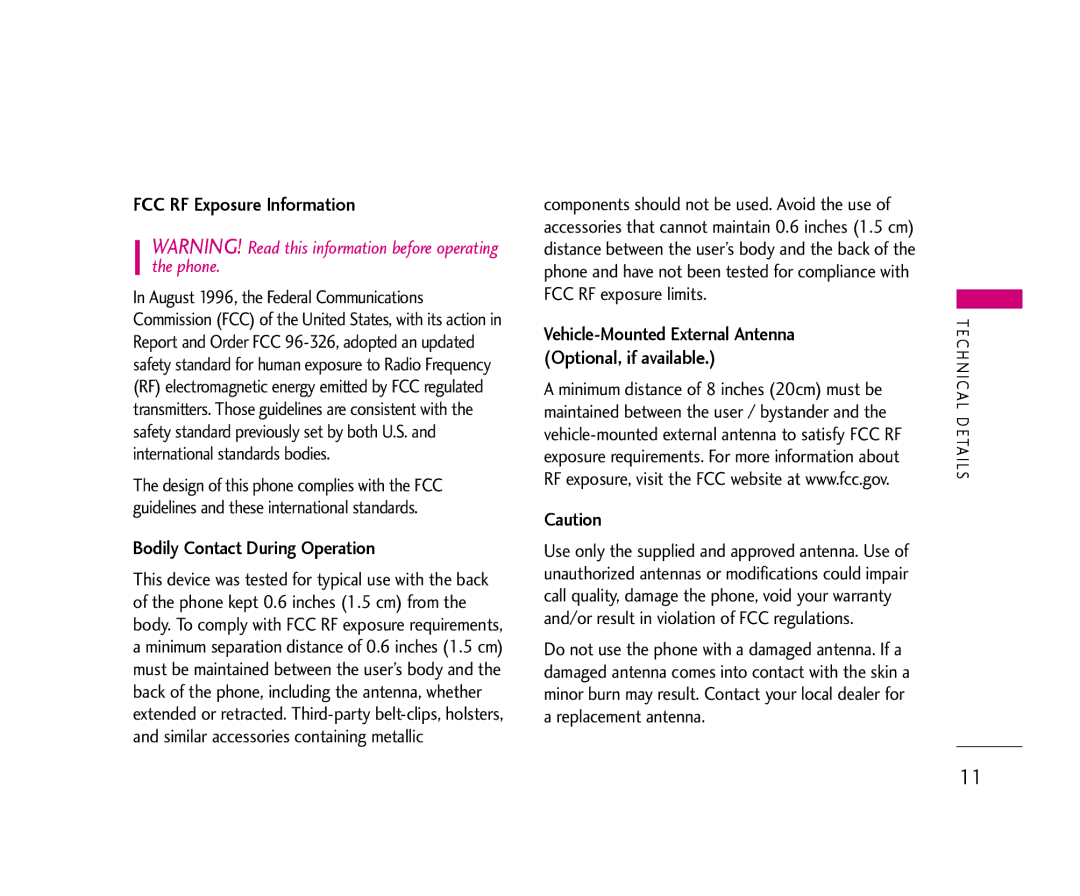 LG Electronics AX490 manual FCC RF Exposure Information, Bodily Contact During Operation 