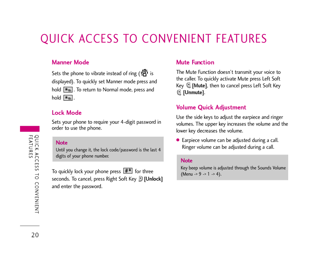 LG Electronics AX490 manual Manner Mode, Mute Function, Lock Mode, Volume Quick Adjustment 