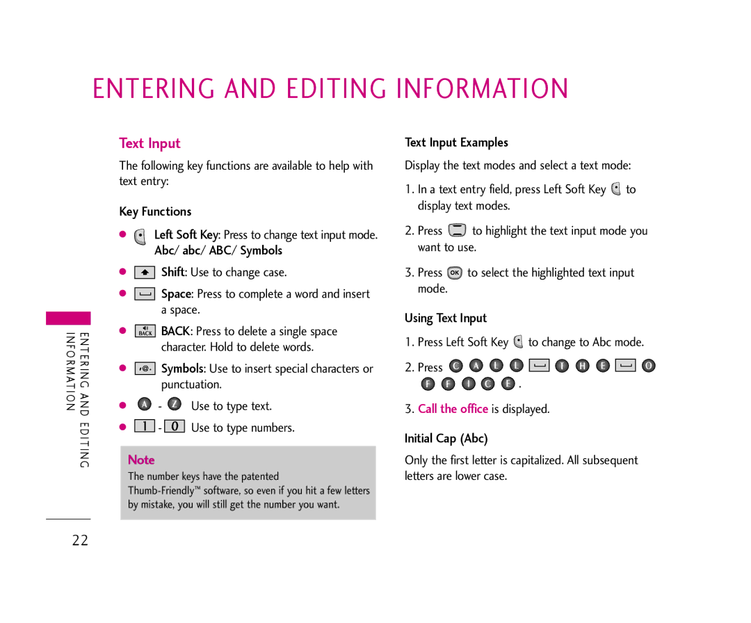 LG Electronics AX490 manual Entering and Editing Information, Key Functions, Text Input Examples 