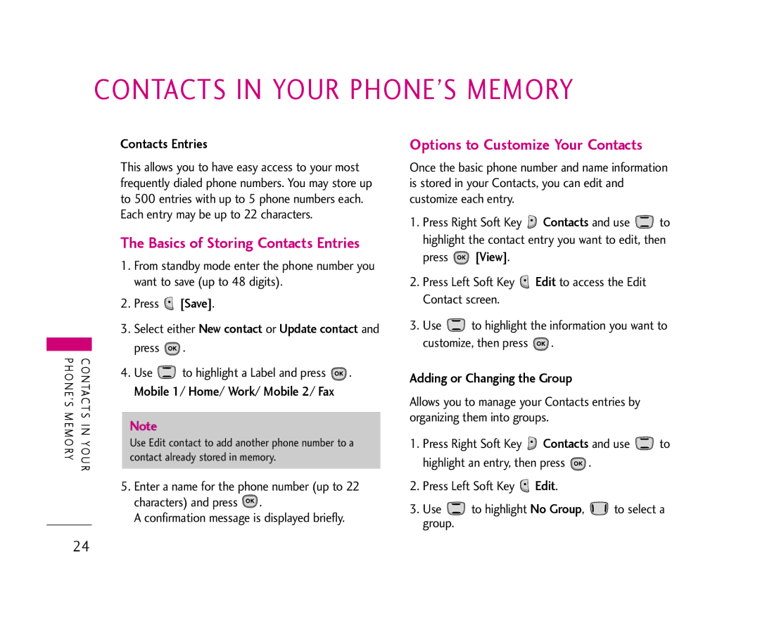 LG Electronics AX490 Contacts in Your PHONE’S Memory, Basics of Storing Contacts Entries, Adding or Changing the Group 