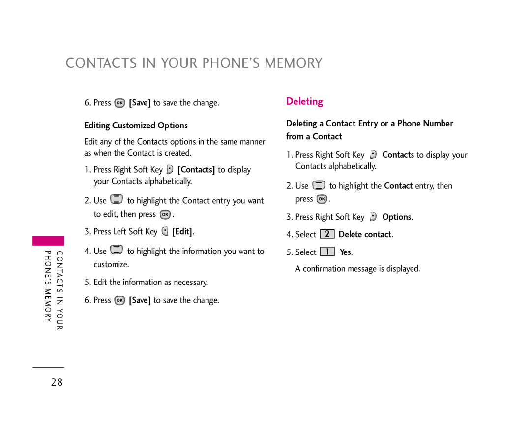 LG Electronics AX490 manual Editing Customized Options, Deleting a Contact Entry or a Phone Number from a Contact 