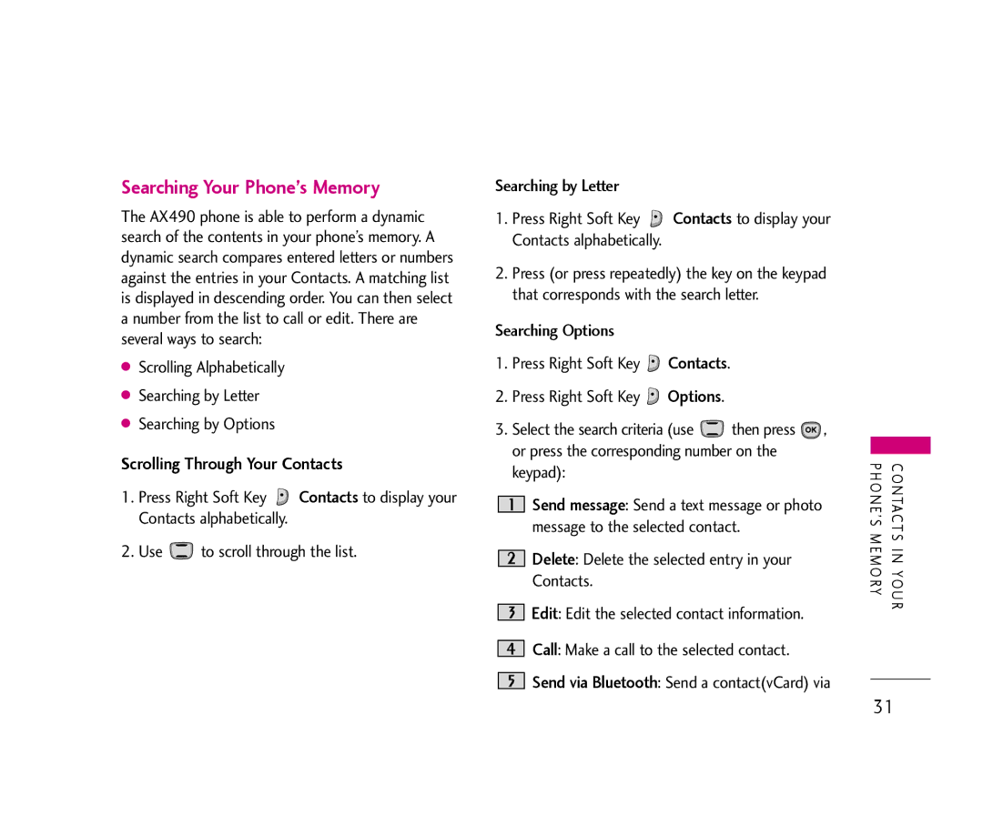 LG Electronics AX490 manual Searching Your Phone’s Memory, Scrolling Through Your Contacts 