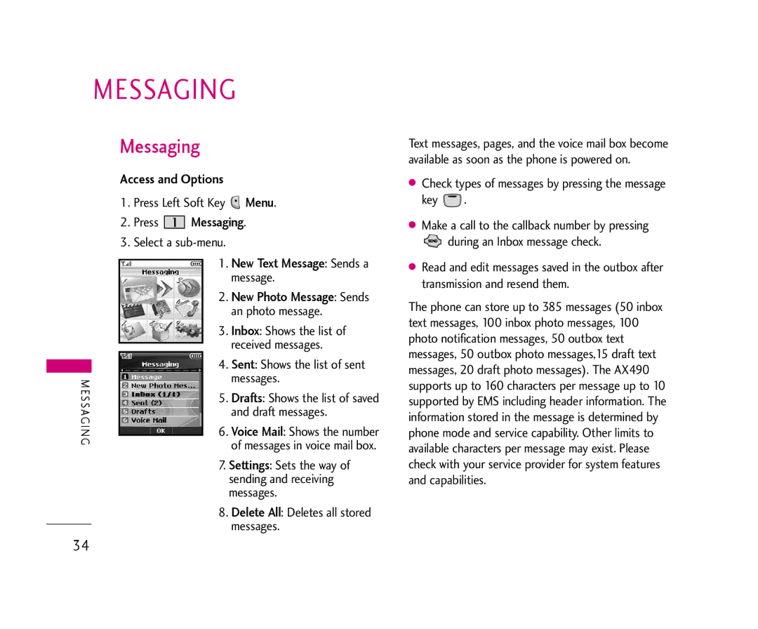 LG Electronics AX490 manual Messaging, Access and Options, Menu 