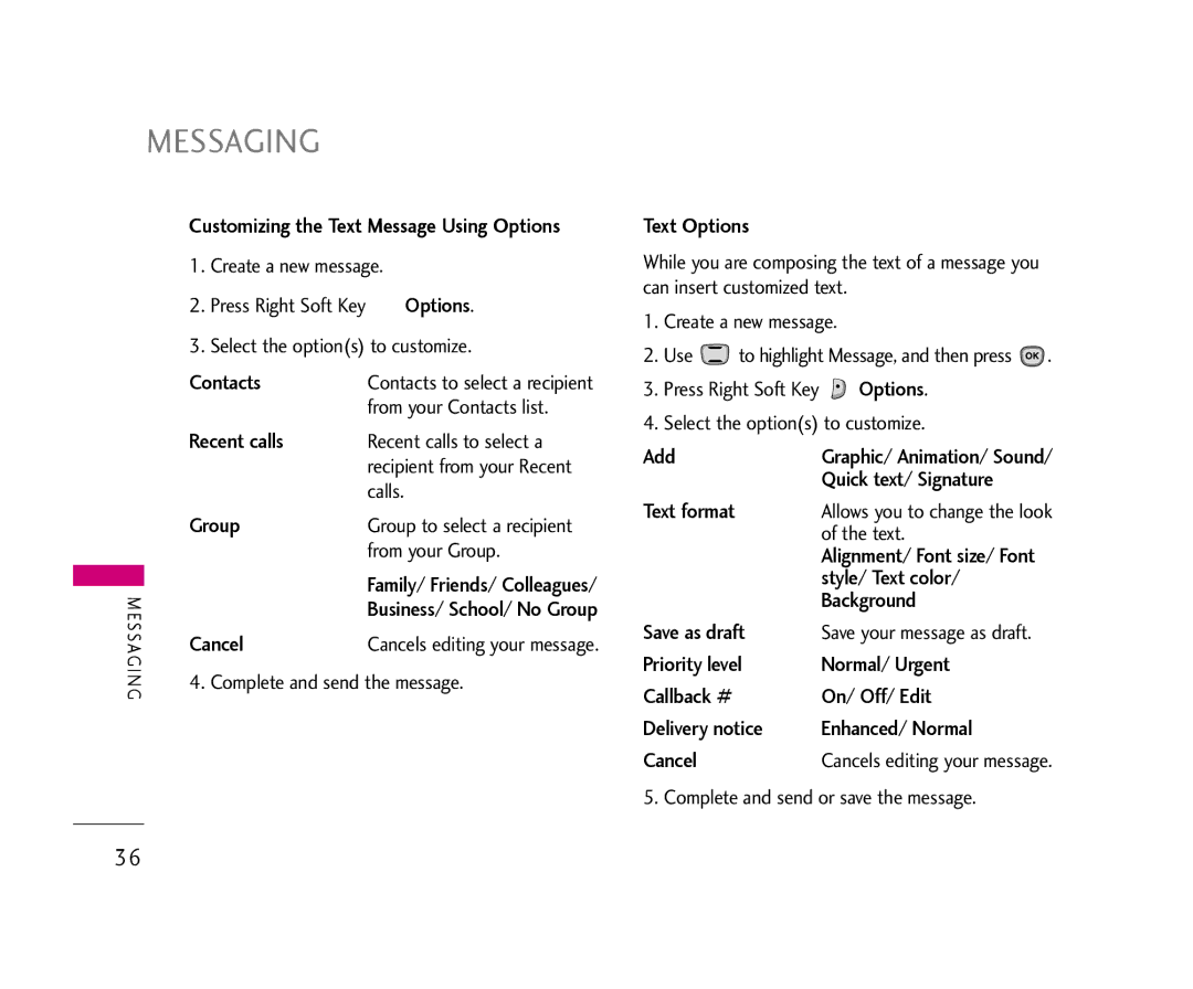 LG Electronics AX490 manual Messaging, Text Options 