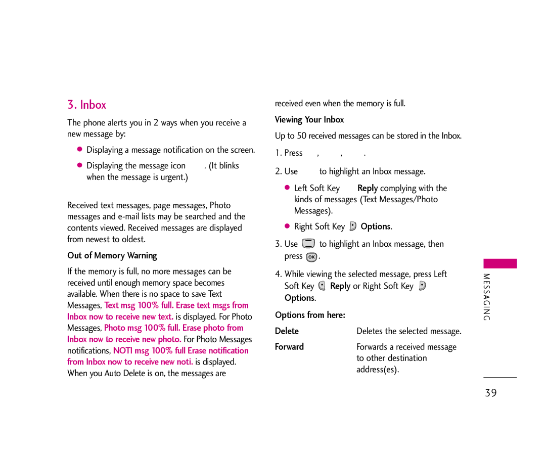 LG Electronics AX490 manual Out of Memory Warning, Viewing Your Inbox, Options Options from here Delete, Forward 