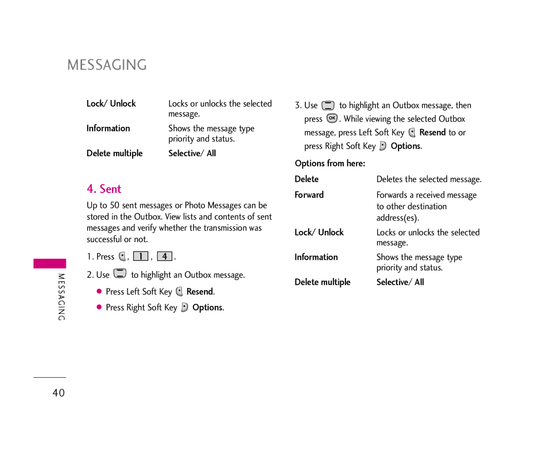 LG Electronics AX490 manual Sent, Lock/ Unlock, Information, Delete multiple, Resend 