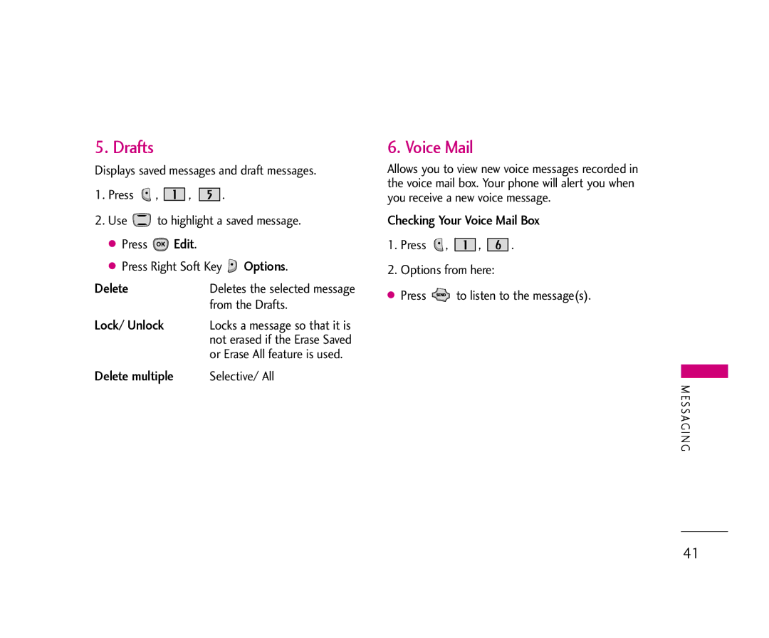 LG Electronics AX490 manual Checking Your Voice Mail Box, From the Drafts 