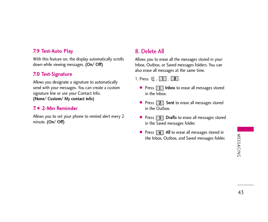 LG Electronics AX490 manual Delete All, Text-Auto Play, Text-Signature, Min Reminder, None/ Custom/ My contact info 