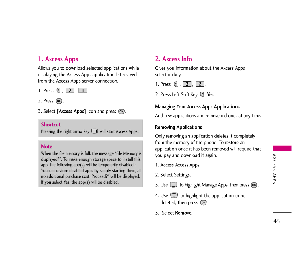 LG Electronics AX490 manual Axcess Info, Managing Your Axcess Apps Applications, Removing Applications 