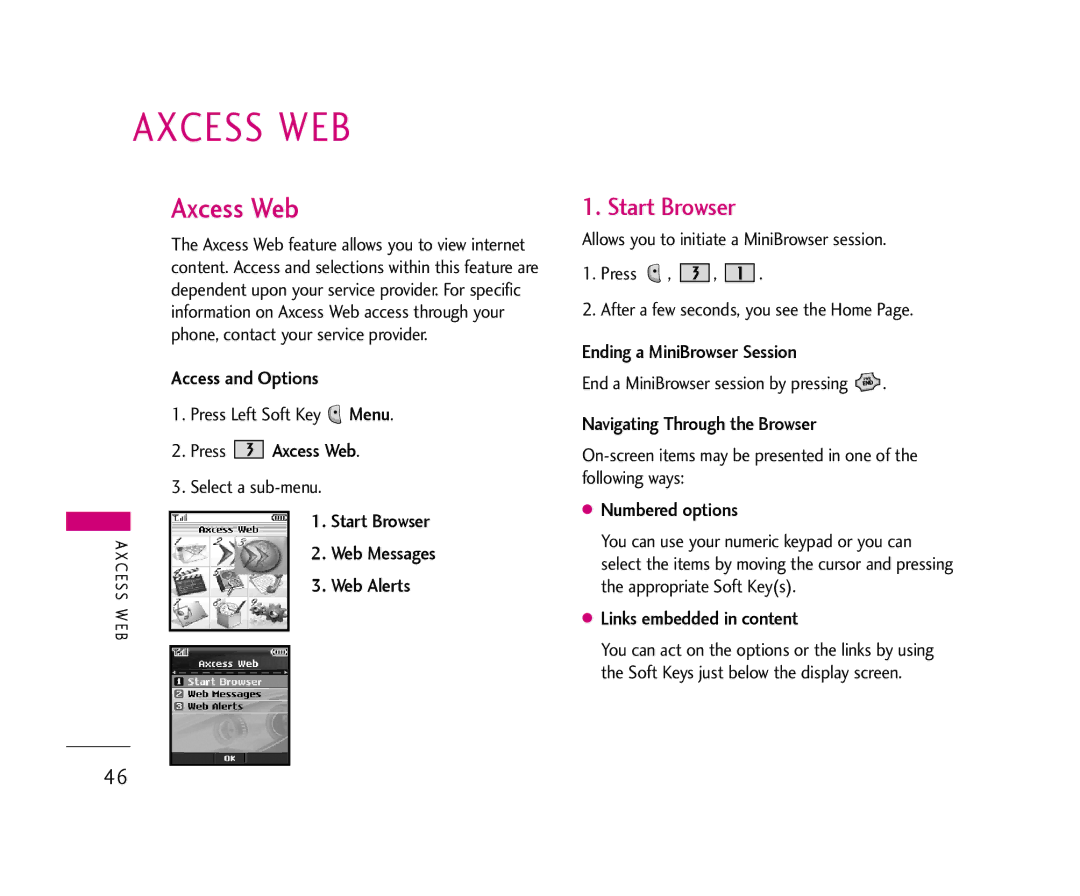 LG Electronics AX490 manual Axcess WEB, Start Browser 