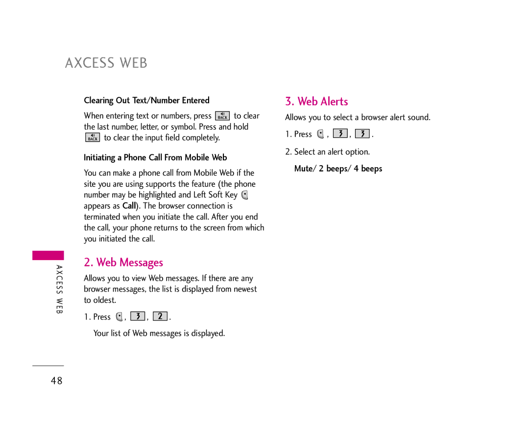 LG Electronics AX490 manual Axcess WEB, Web Messages, Web Alerts 