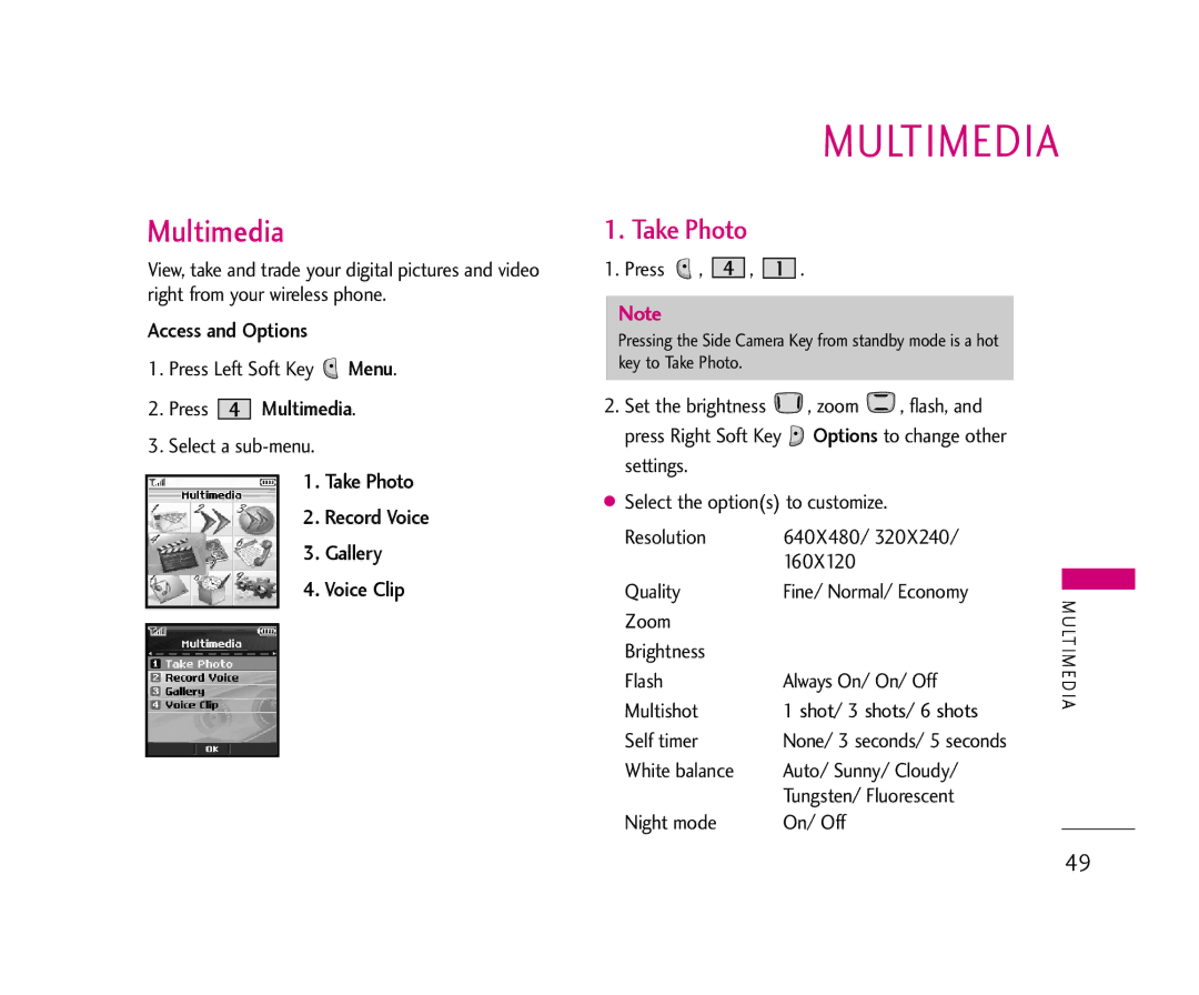 LG Electronics AX490 manual Access and Options, Press Multimedia, Take Photo Record Voice Gallery Voice Clip 