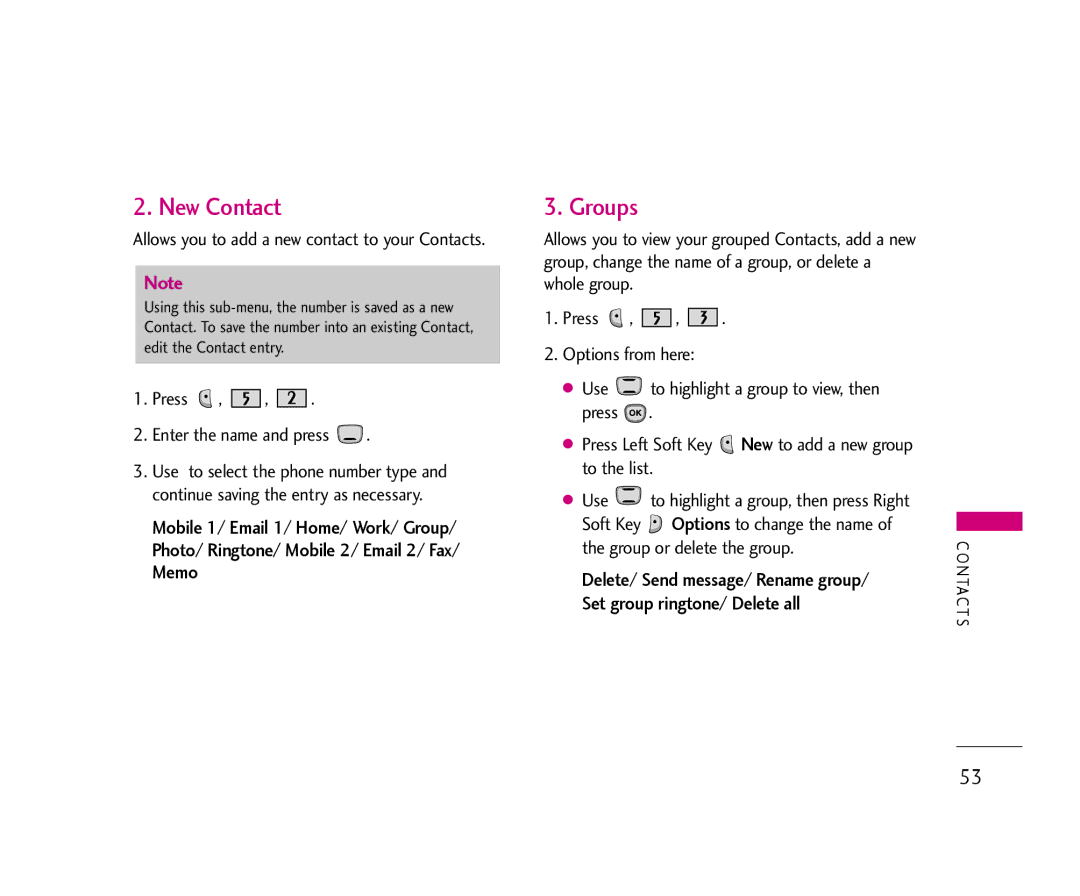 LG Electronics AX490 manual New Contact, Groups, Press Enter the name and press 