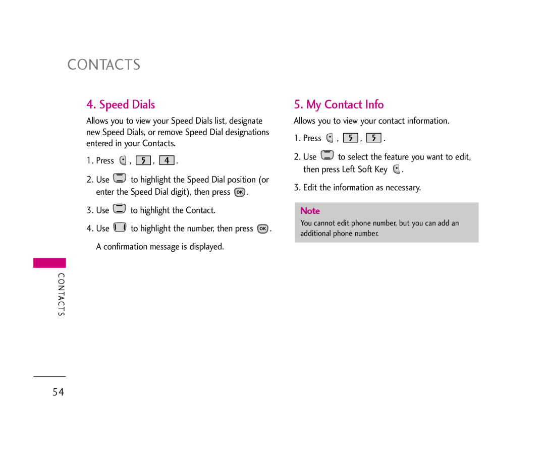 LG Electronics AX490 manual Contacts, Speed Dials, My Contact Info 