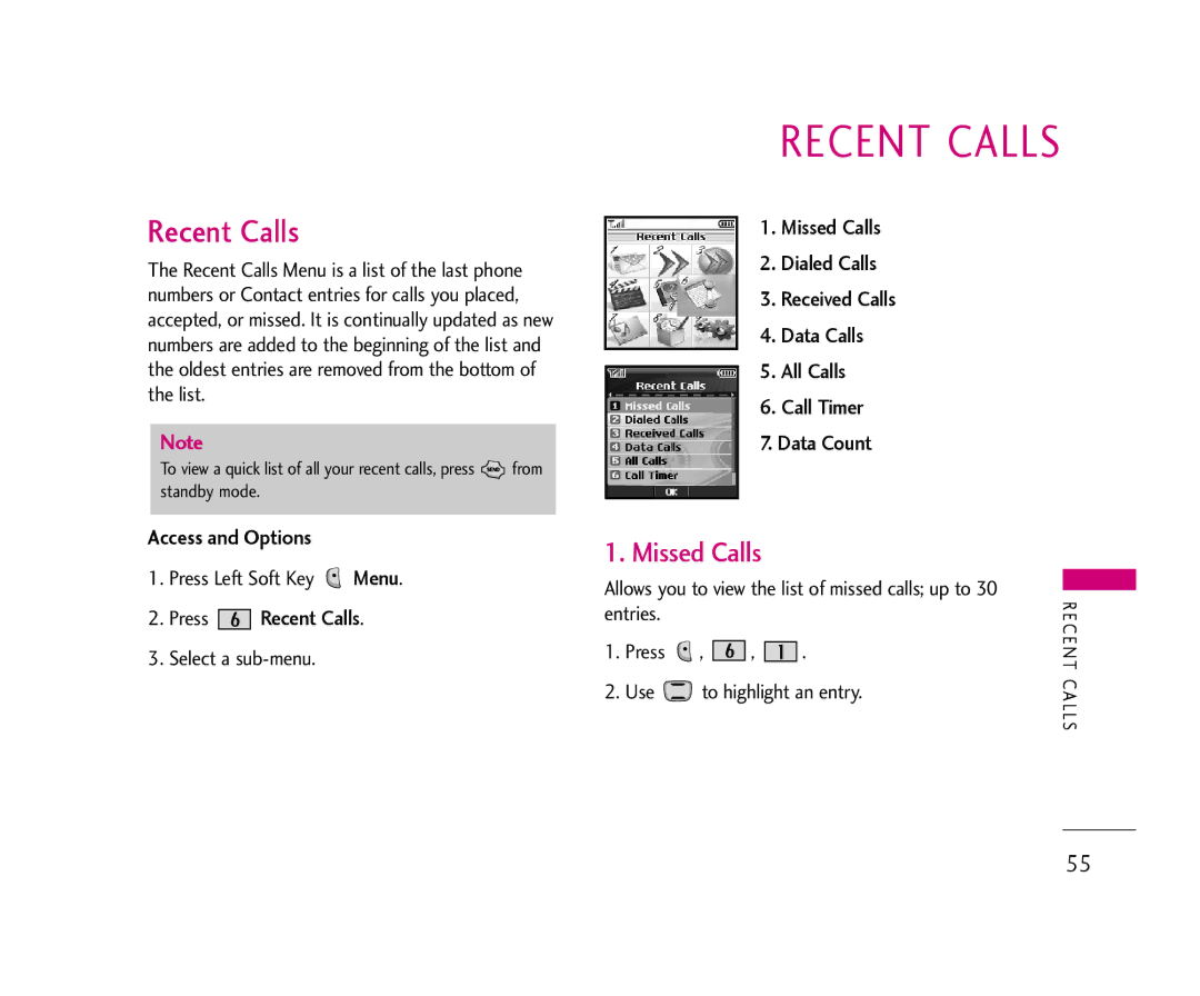 LG Electronics AX490 manual Recent Calls, Missed Calls, Allows you to view the list of missed calls up to Entries 