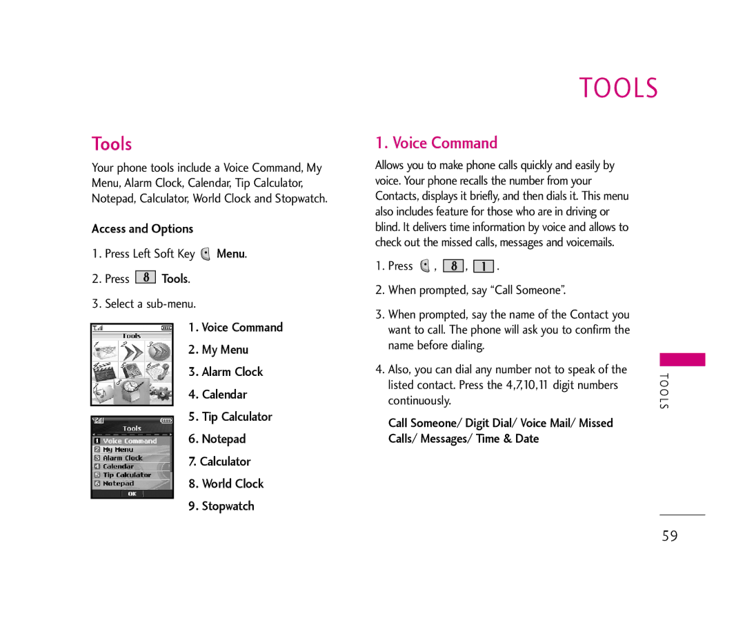 LG Electronics AX490 manual Voice Command, Press Left Soft Key Menu Press Tools Select a sub-menu 