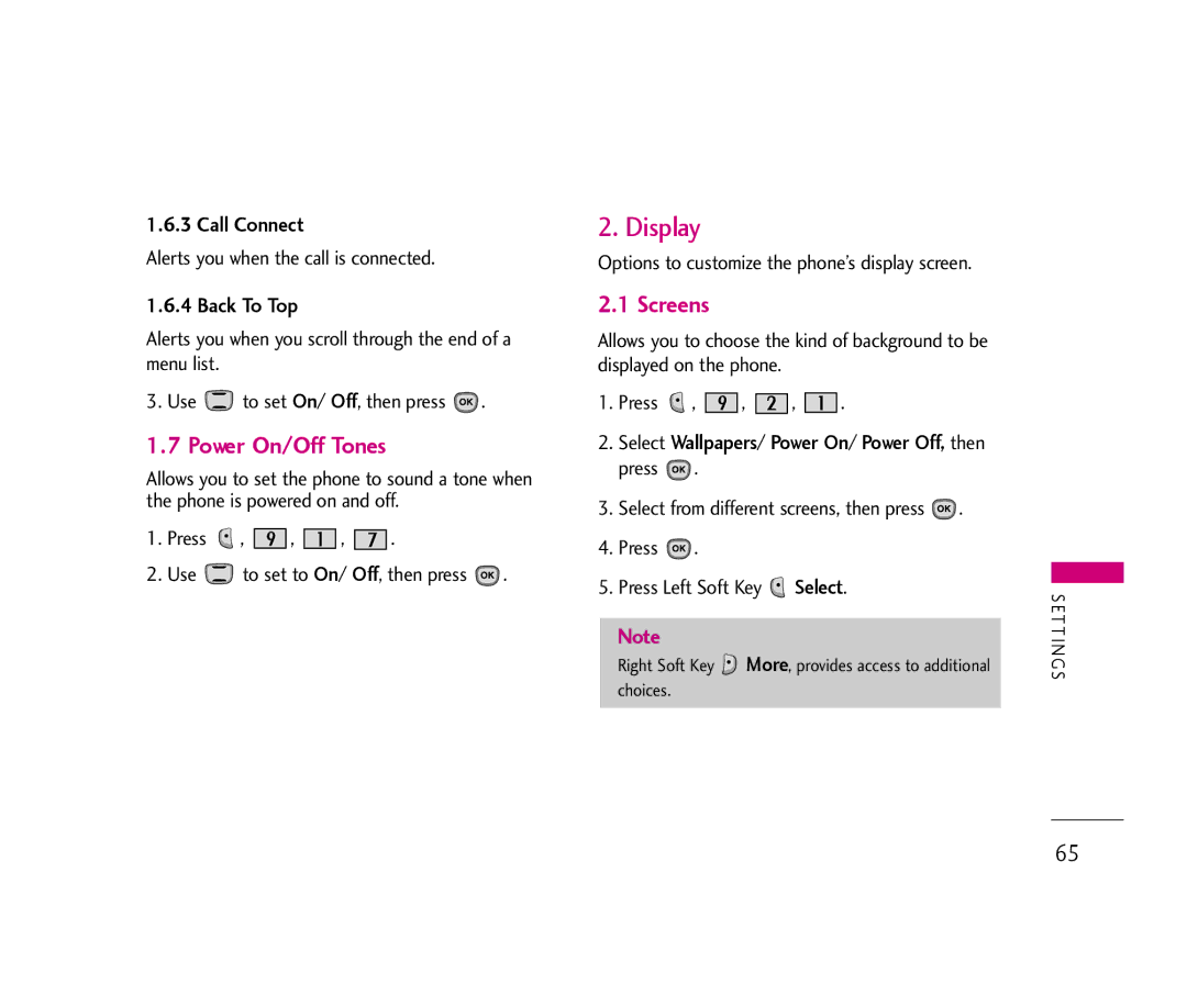 LG Electronics AX490 manual Display, Power On/Off Tones, Screens, Call Connect, Back To Top 