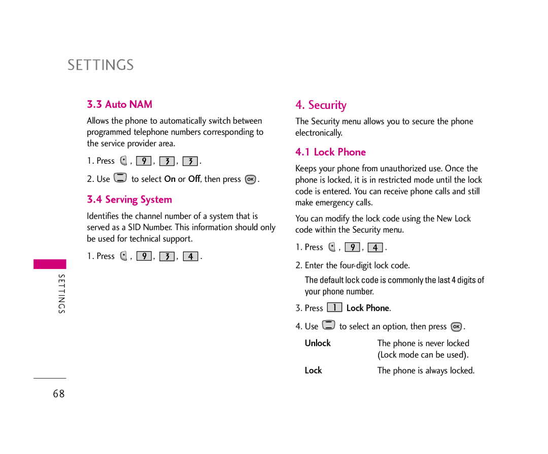 LG Electronics AX490 manual Security, Auto NAM, Serving System, Lock Phone 