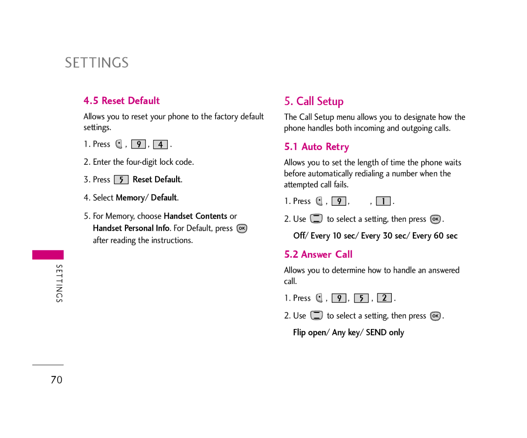 LG Electronics AX490 manual Call Setup, Reset Default, Auto Retry, Answer Call 