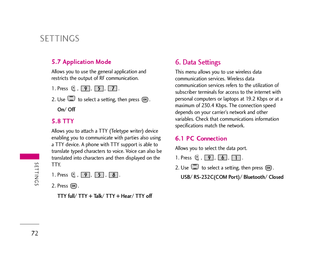 LG Electronics AX490 manual Data Settings, Application Mode, Tty, PC Connection, TTY full/ TTY + Talk/ TTY + Hear/ TTY off 