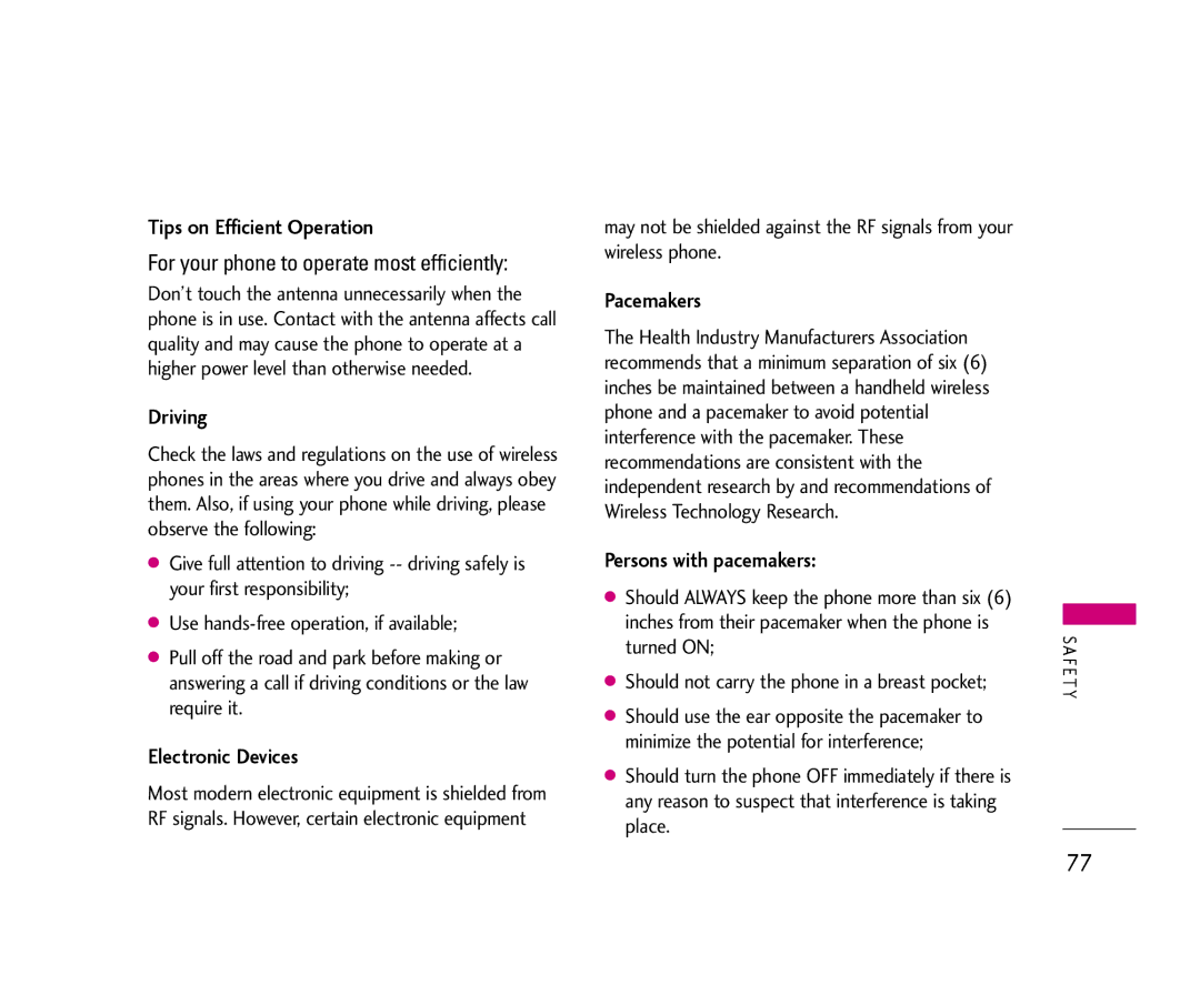 LG Electronics AX490 manual Tips on Efficient Operation, Driving, Electronic Devices, Pacemakers, Persons with pacemakers 