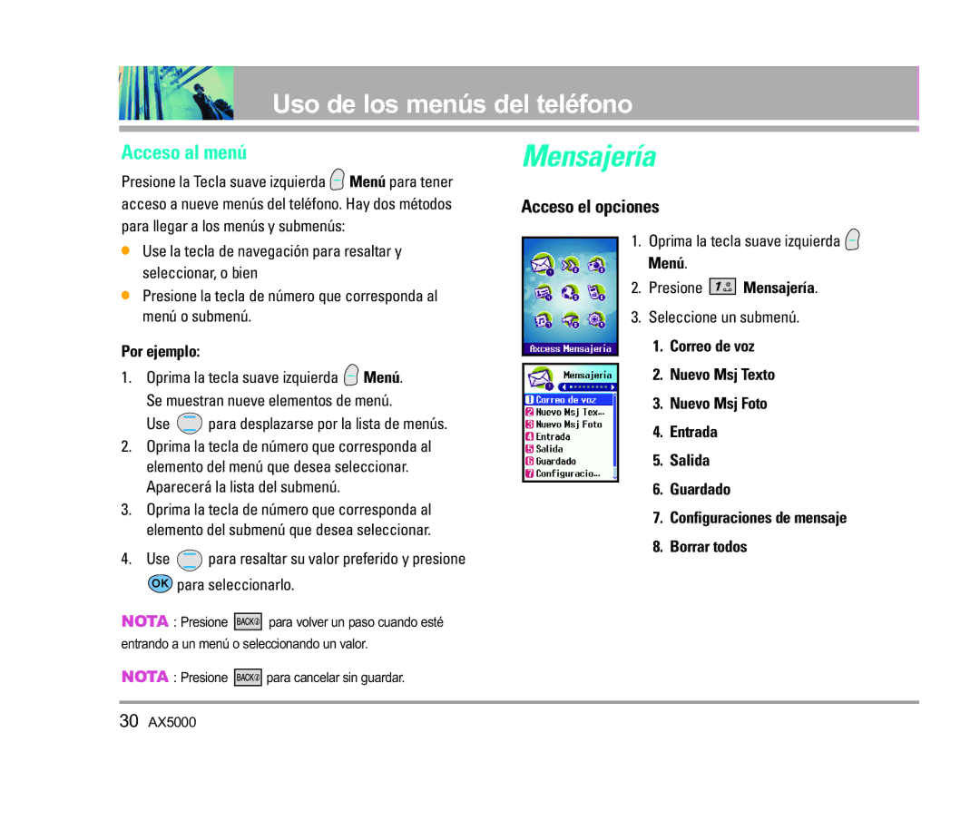 LG Electronics AX5000 manual Mensajería, Uso de los menús del teléfono, Acceso al menú, Acceso el opciones 