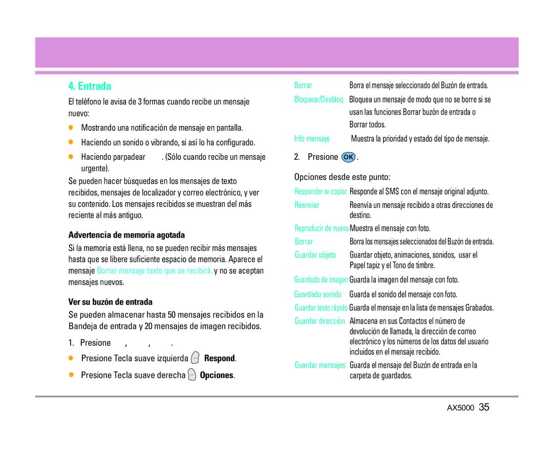 LG Electronics AX5000 manual Entrada, Advertencia de memoria agotada, Ver su buzón de entrada 