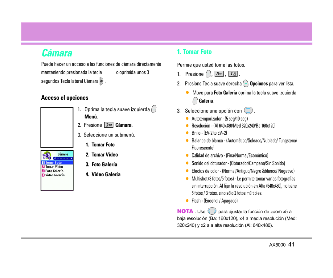 LG Electronics AX5000 manual Cámara, Tomar Foto Tomar Vídeo Foto Galería Vídeo Galería 