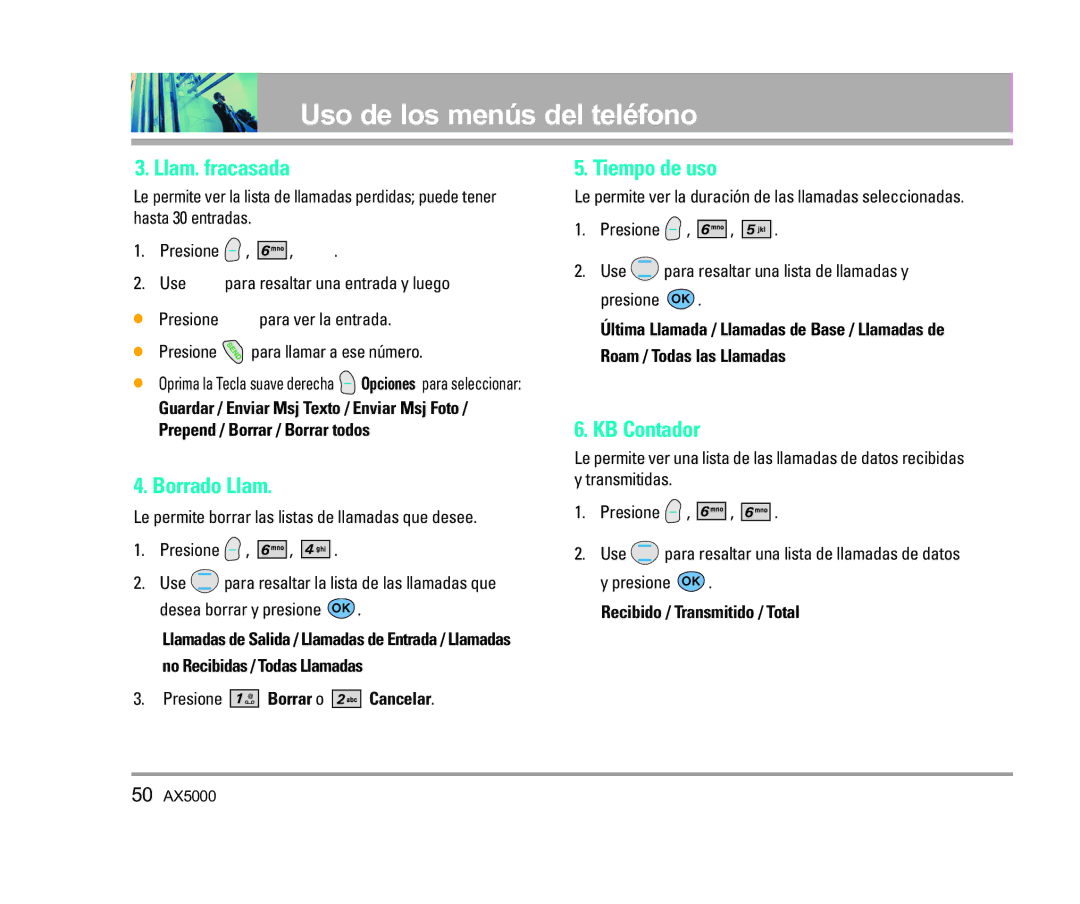 LG Electronics AX5000 manual Llam. fracasada, Borrado Llam, Tiempo de uso, KB Contador 