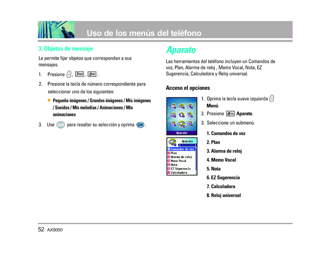LG Electronics AX5000 manual Aparato, Objetos de mensaje 