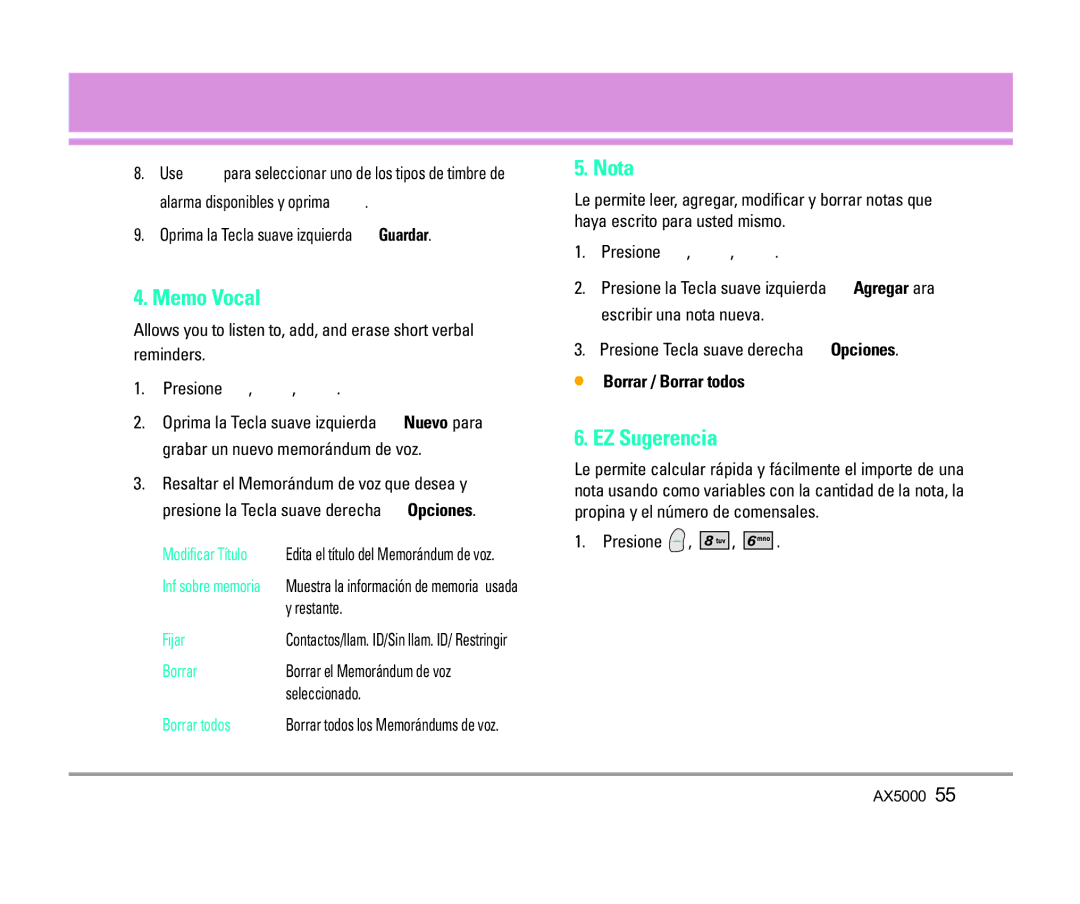 LG Electronics AX5000 manual Memo Vocal, Nota, EZ Sugerencia, Borrar / Borrar todos 