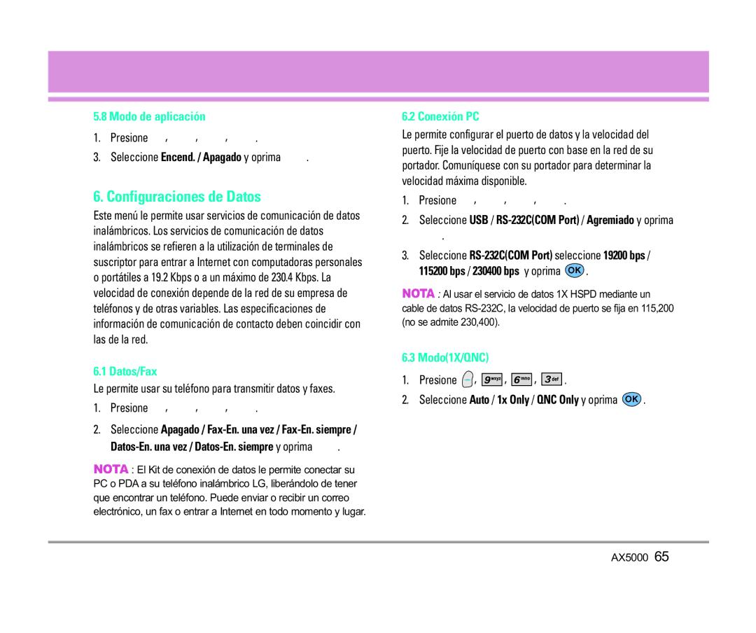 LG Electronics AX5000 manual Configuraciones de Datos, Modo de aplicación, Datos/Fax, Conexión PC, Modo1X/QNC 