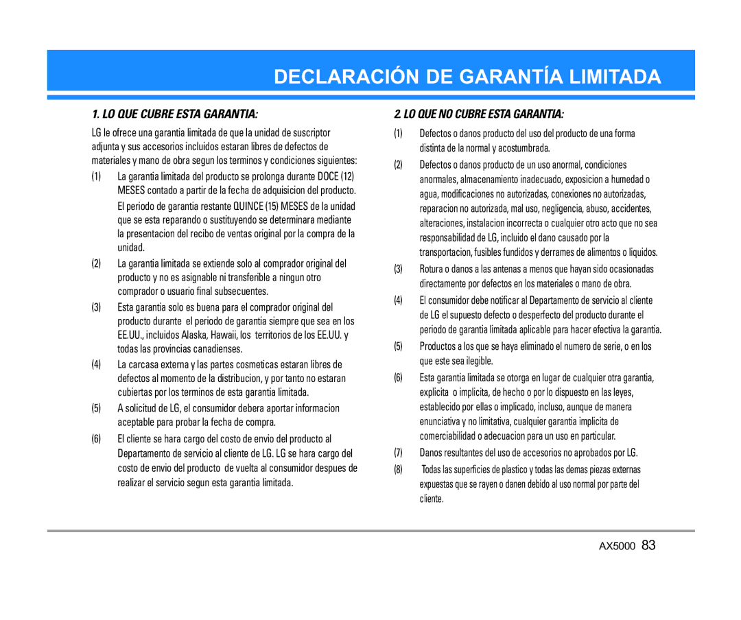 LG Electronics AX5000 manual Declaración DE Garantía Limitada 