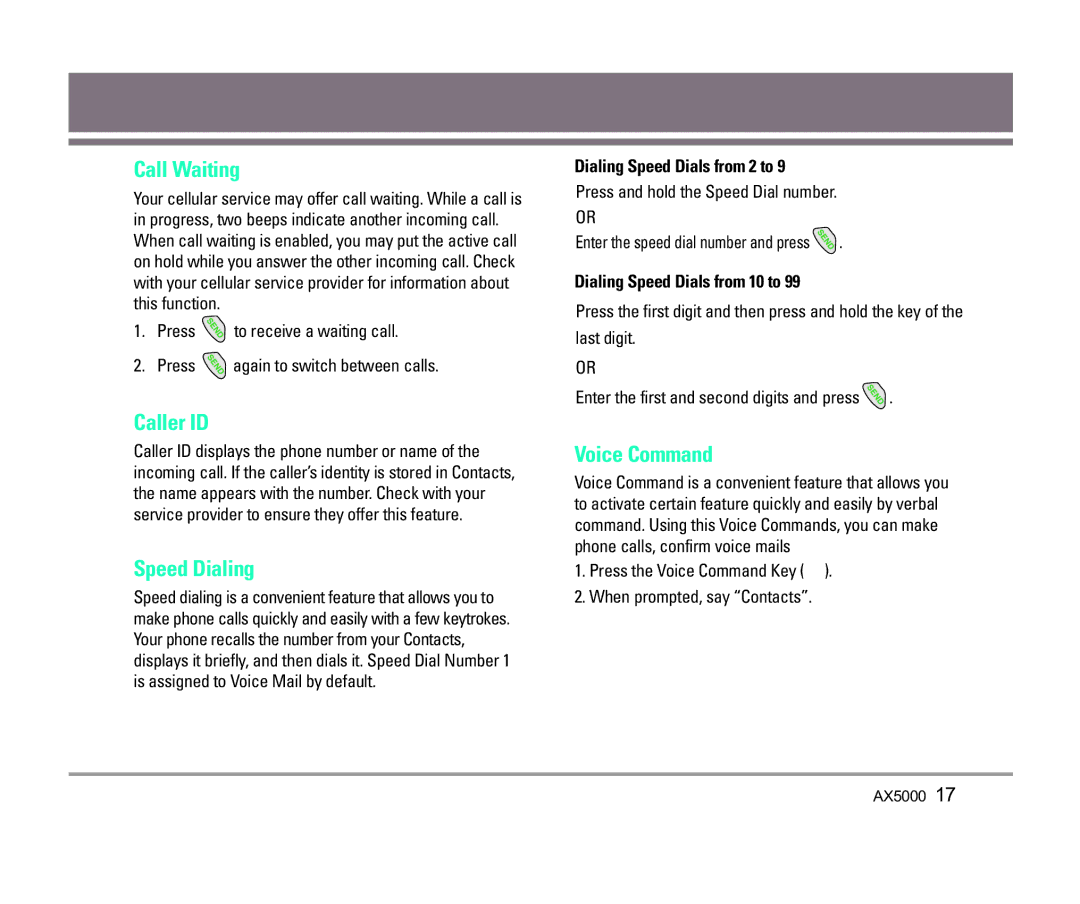 LG Electronics AX5000 manual Call Waiting, Caller ID, Speed Dialing, Voice Command 