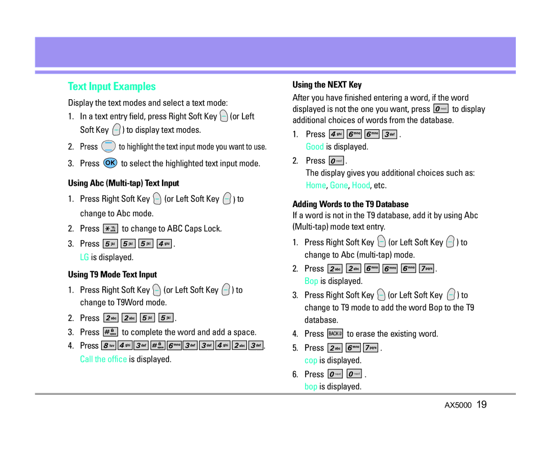 LG Electronics AX5000 Text Input Examples, Using Abc Multi-tap Text Input, Using T9 Mode Text Input, Using the Next Key 