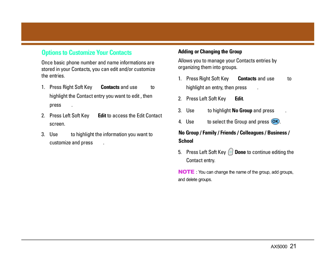 LG Electronics manual Options to Customize Your Contacts, Adding or Changing the Group, School, Delete groups AX5000 