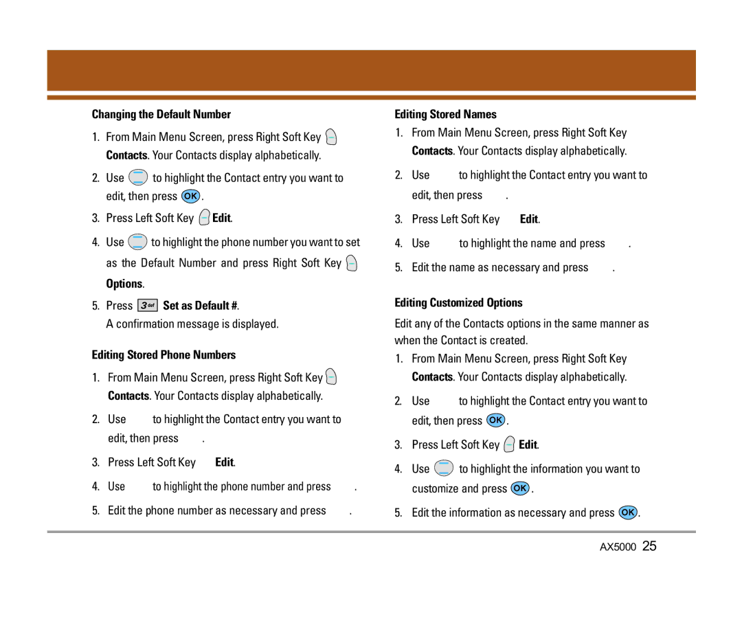 LG Electronics AX5000 manual Changing the Default Number, Options Press Set as Default #, Editing Stored Phone Numbers 