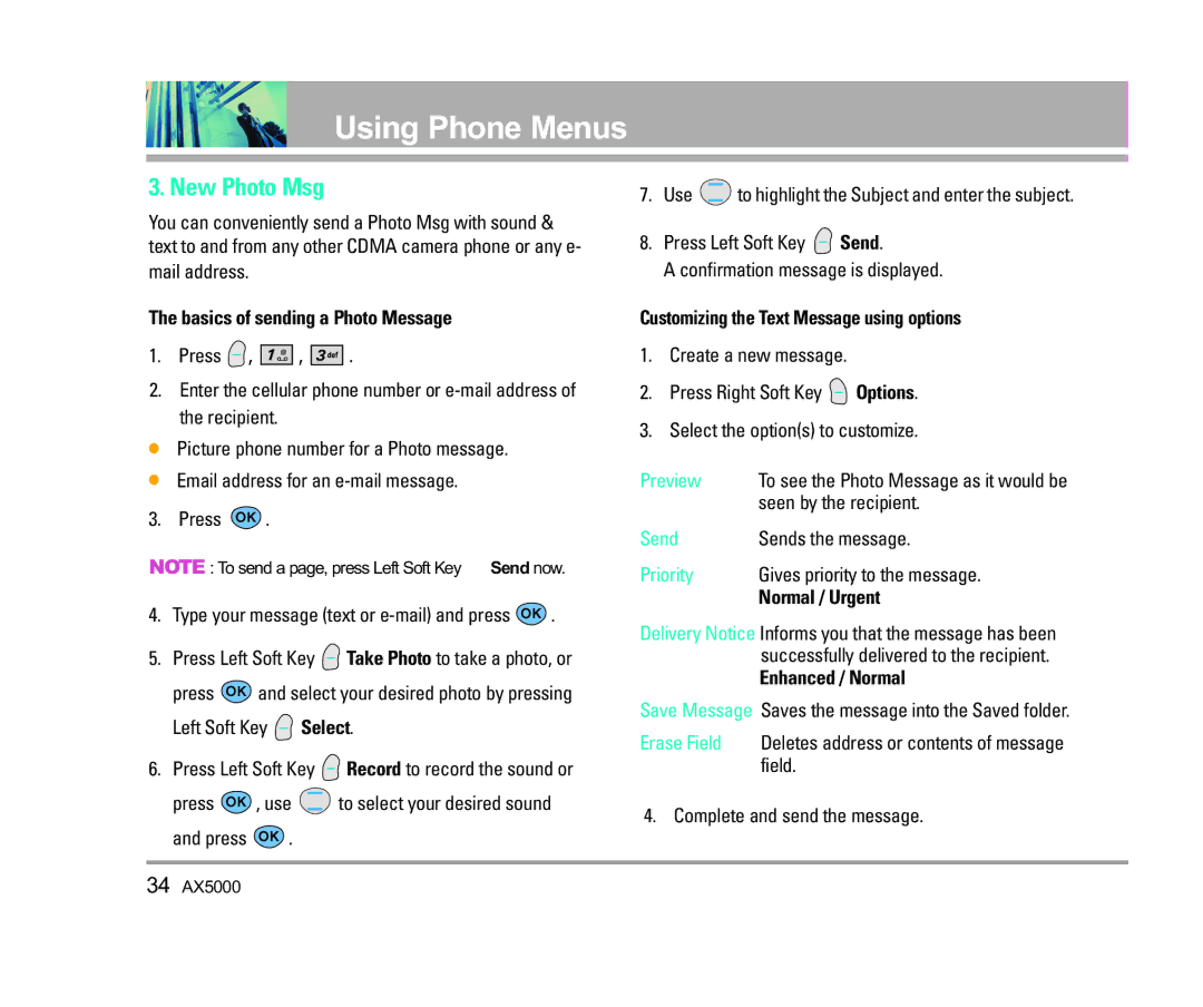 LG Electronics AX5000 manual New Photo Msg, Basics of sending a Photo Message, Normal / Urgent 