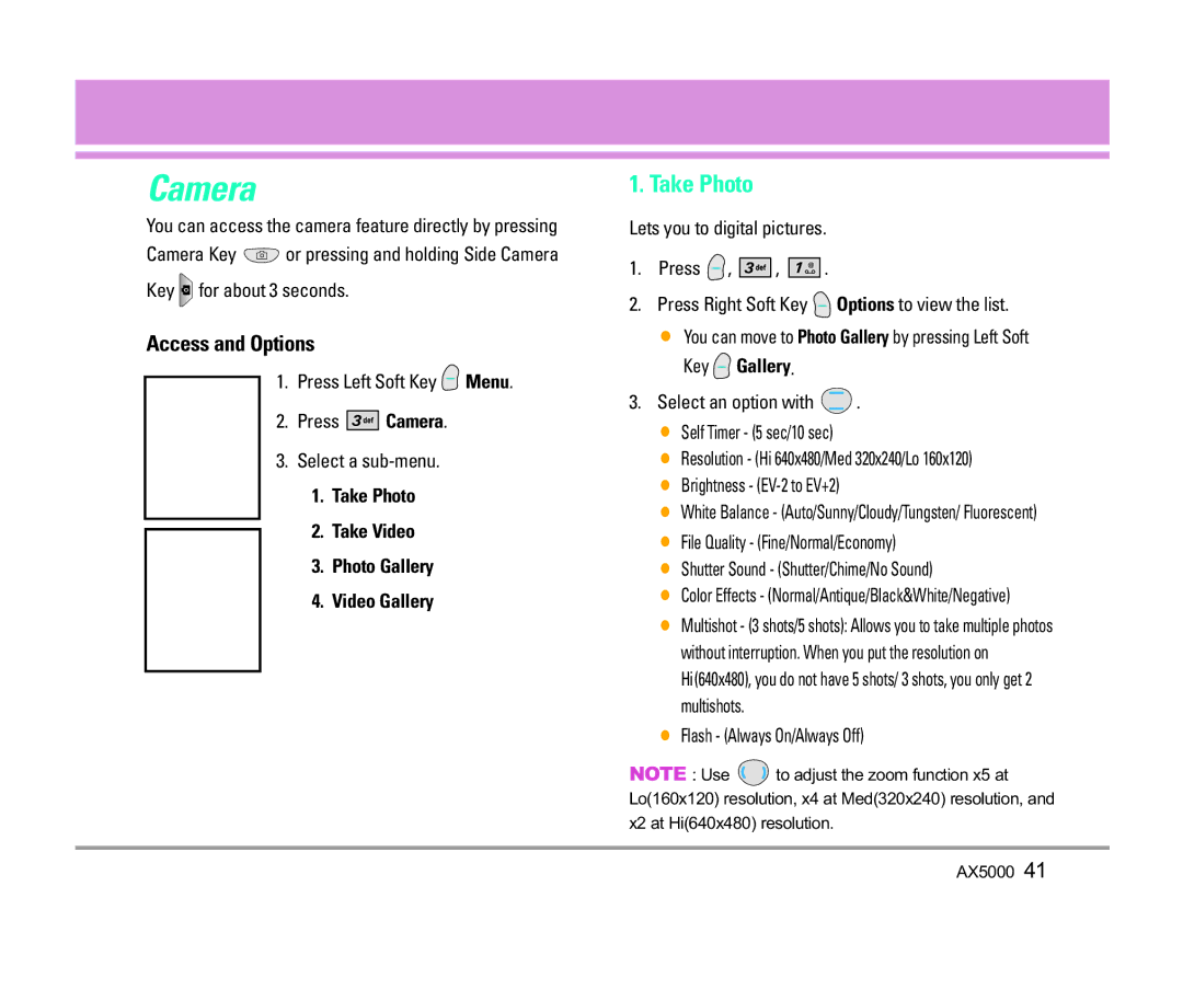 LG Electronics AX5000 manual Camera, Take Photo Take Video Photo Gallery Video Gallery 