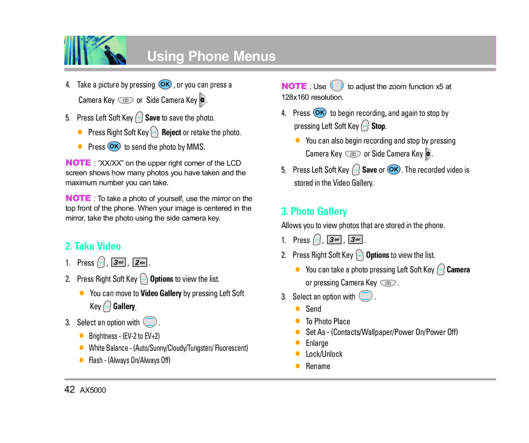 LG Electronics AX5000 manual Take Video, Photo Gallery, Press to send the photo by MMS, Enlarge Lock/Unlock Rename 