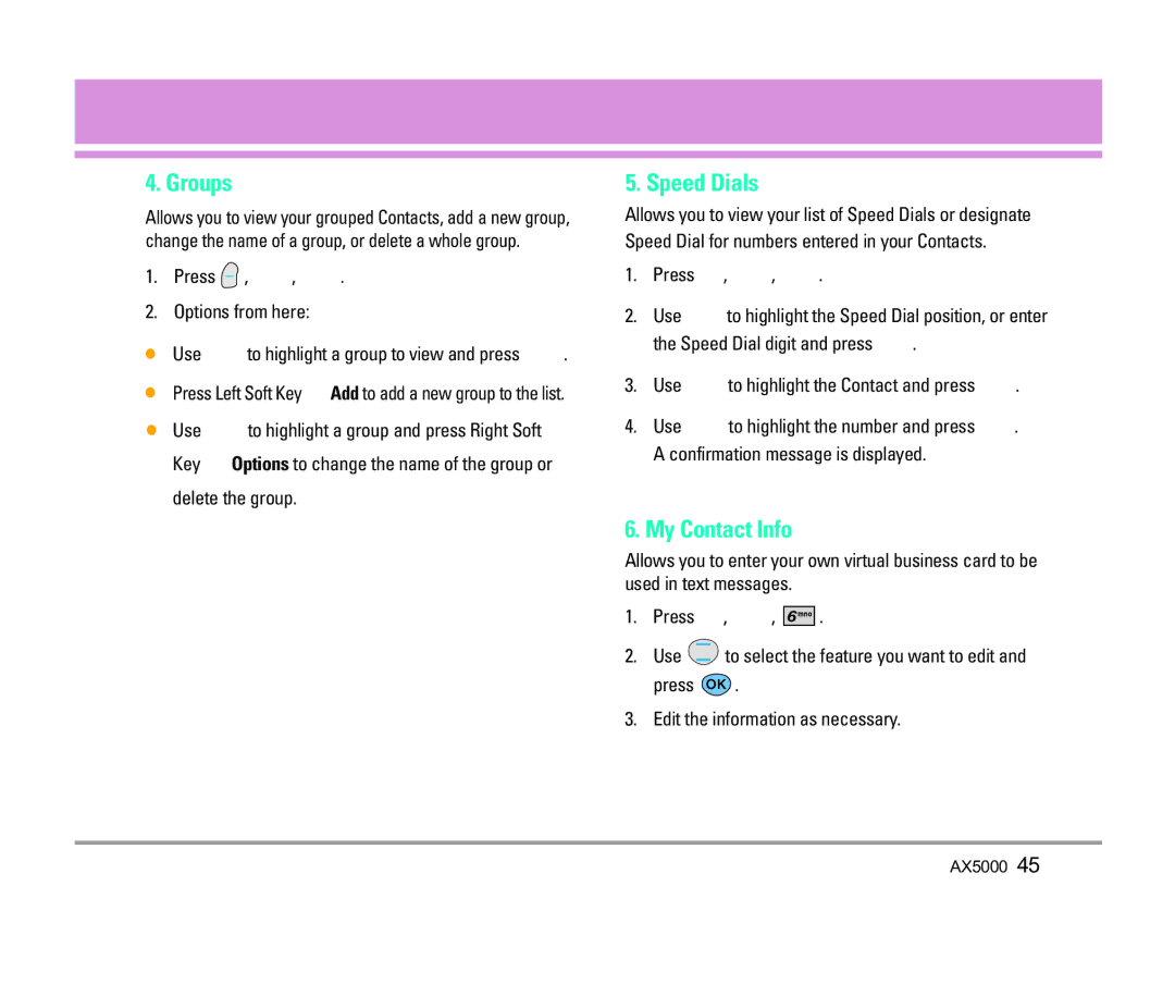 LG Electronics AX5000 manual Groups, Speed Dials, My Contact Info, Delete the group 
