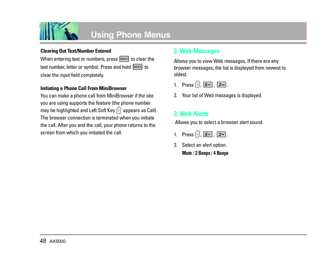 LG Electronics AX5000 Web Messages, Web Alerts, Clearing Out Text/Number Entered, Initiating a Phone Call From MiniBrowser 