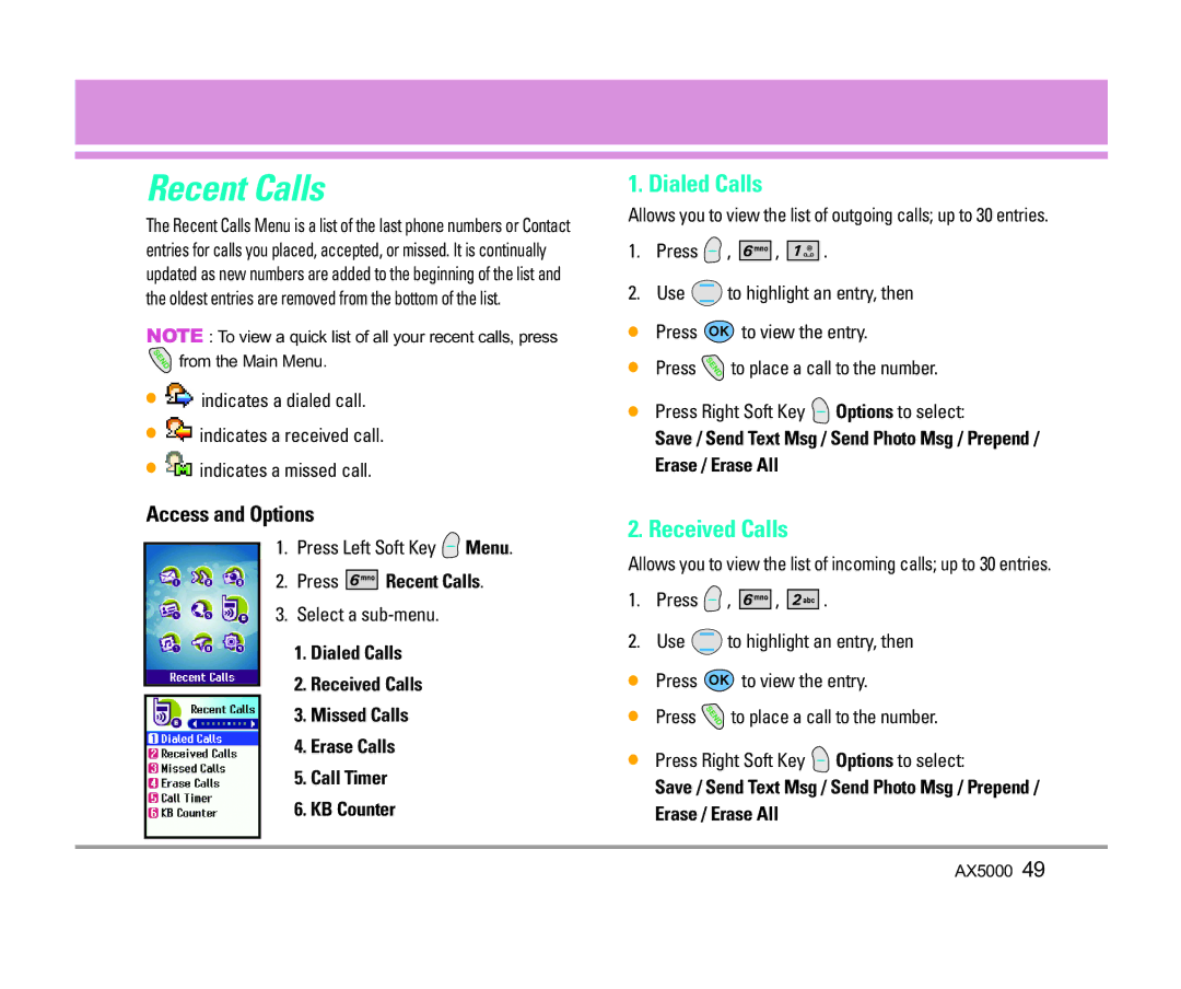 LG Electronics AX5000 manual Recent Calls, Dialed Calls, Received Calls 